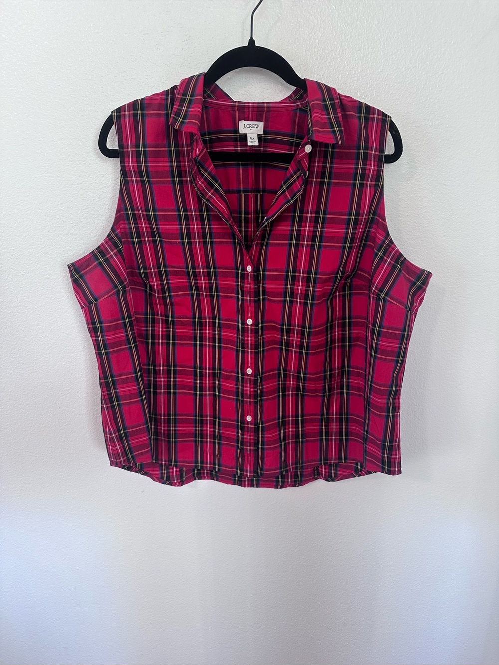J. Crew Red and Black Plaid Sleeveless Button-Down Top